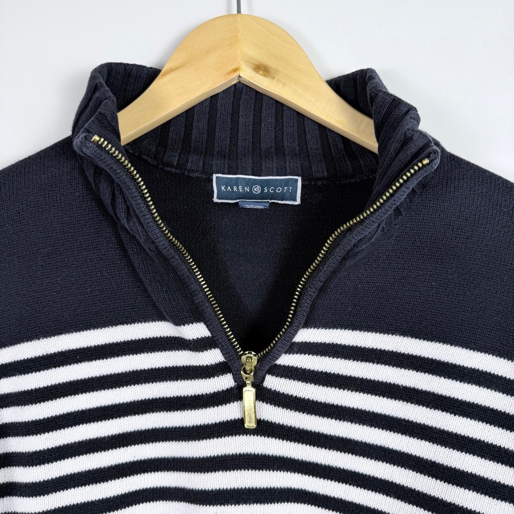 Karen Scott Women M Navy White Stripe Cotton Quarter Zip Sweater Nautical Preppy - Picture 3 of 9